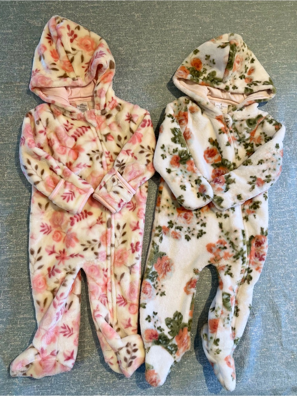 Laura Ashley & Floral Fleece Pair of 2 Hooded Footed One-Piece Zip Up PJ’s